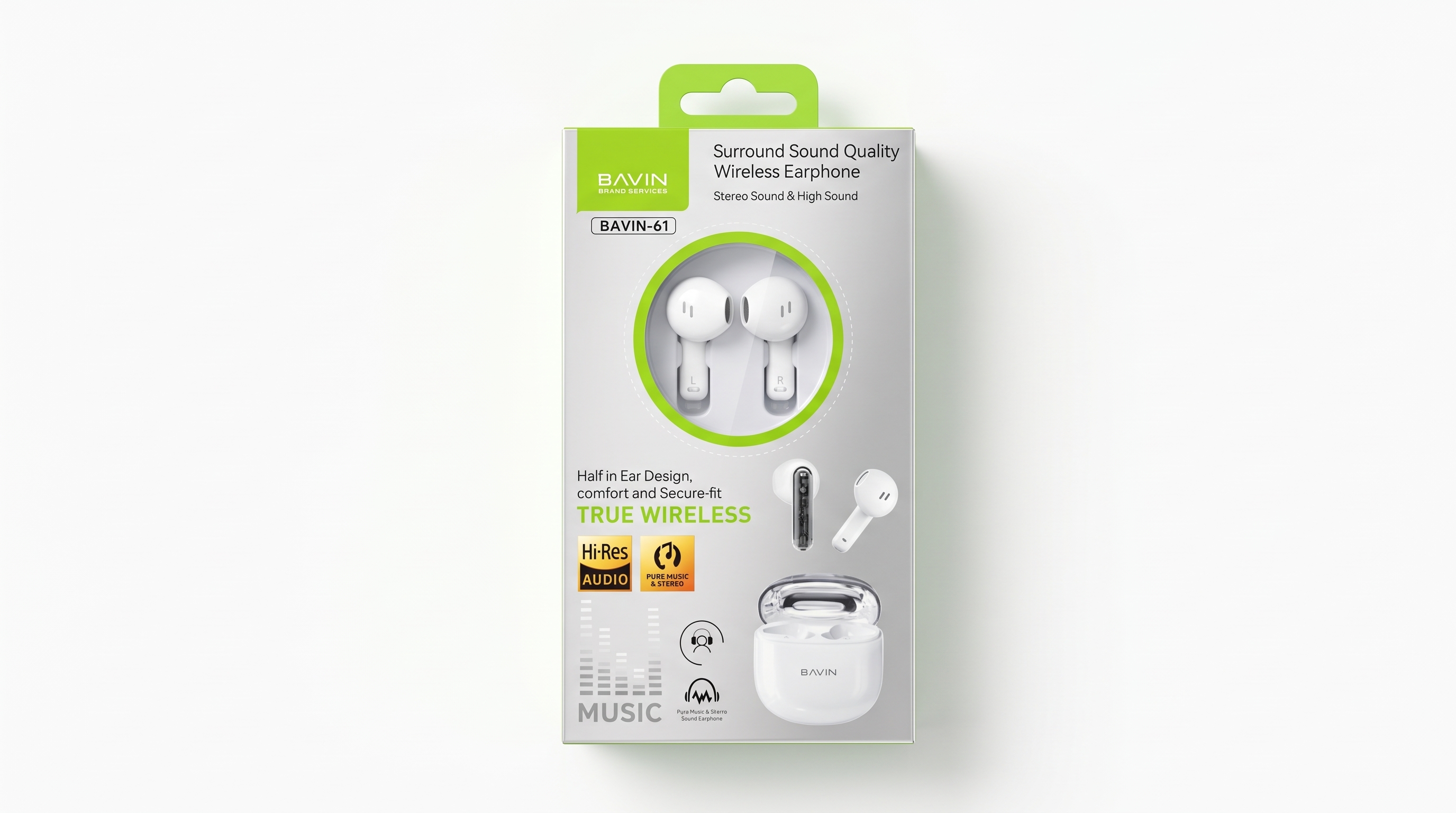 BAVIN-61 Surround Sound Wireless Earphones - White